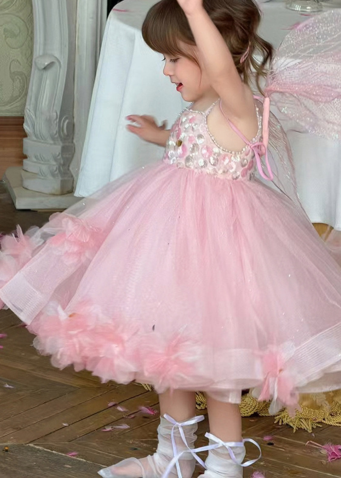 Lovely Pink Embroideried Patchwork Tulle Girls Long Spaghetti Strap Dress Sleeveless