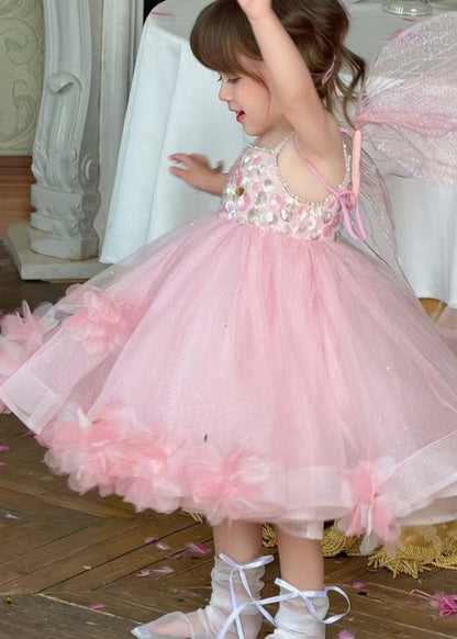 Lovely Pink Embroideried Patchwork Tulle Girls Long Spaghetti Strap Dress Sleeveless