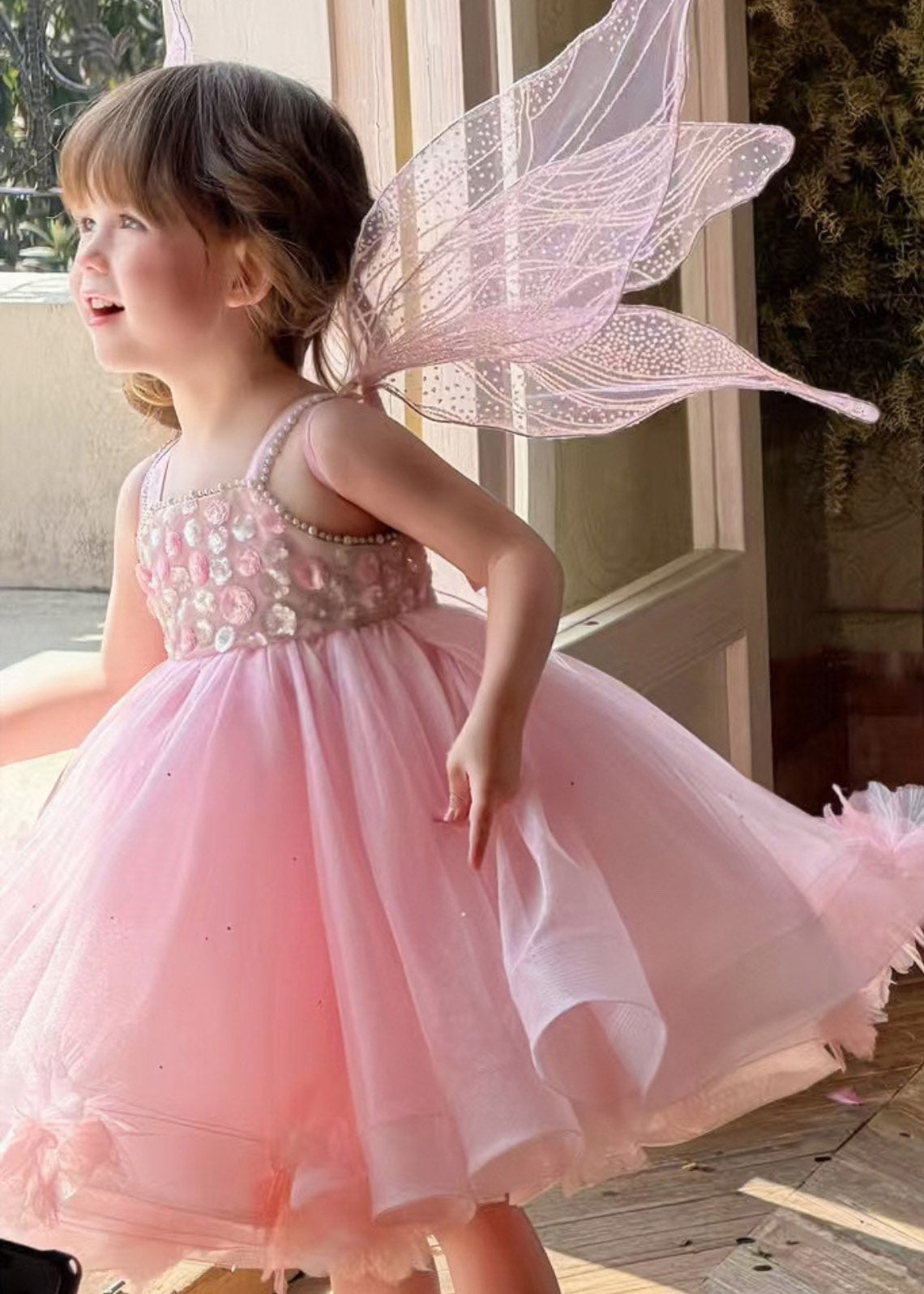 Lovely Pink Embroideried Patchwork Tulle Girls Long Spaghetti Strap Dress Sleeveless