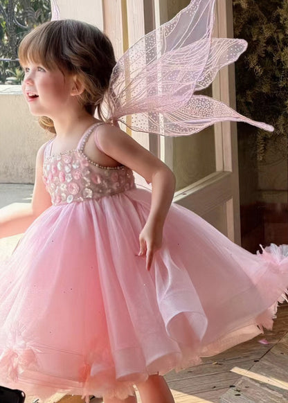 Lovely Pink Embroideried Patchwork Tulle Girls Long Spaghetti Strap Dress Sleeveless