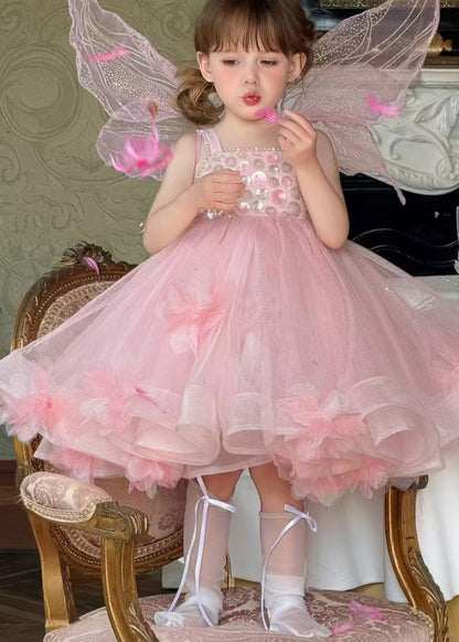 Lovely Pink Embroideried Tulle Kids Long Spaghetti Strap Dress Summer
