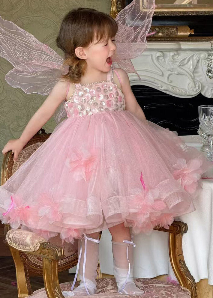 Lovely Pink Embroideried Tulle Kids Long Spaghetti Strap Dress Summer