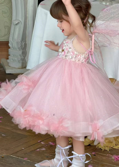 Lovely Pink Embroideried Tulle Kids Long Spaghetti Strap Dress Summer