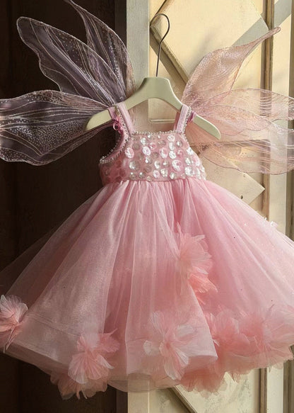 Lovely Pink Embroideried Tulle Kids Long Spaghetti Strap Dress Summer