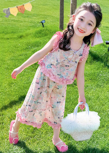 Lovely Pink Print Ruffled Girls Top And Crop Pants Set Two Piece Set Summer