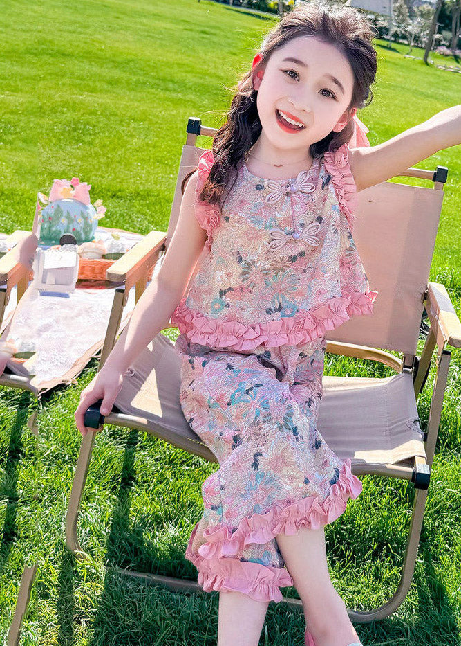 Lovely Pink Print Ruffled Girls Top And Crop Pants Set Two Piece Set Summer