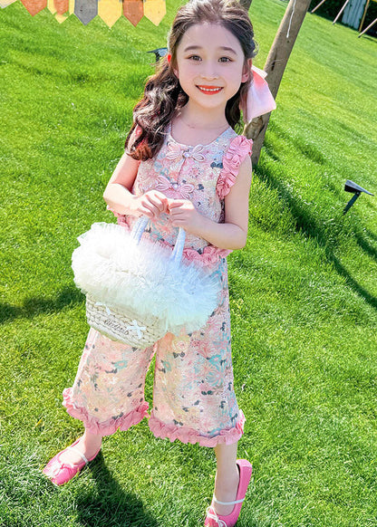 Lovely Pink Print Ruffled Girls Top And Crop Pants Set Two Piece Set Summer