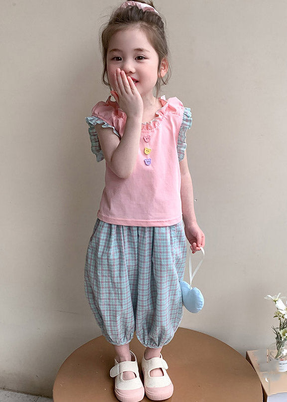 Lovely Pink Ruffled Patchwork Girls T Shirt And Crop Pants Two Pieces Set Summer