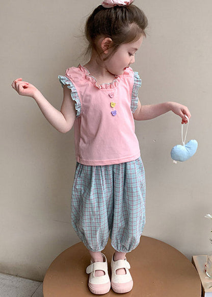 Lovely Pink Ruffled Patchwork Girls T Shirt And Crop Pants Two Pieces Set Summer