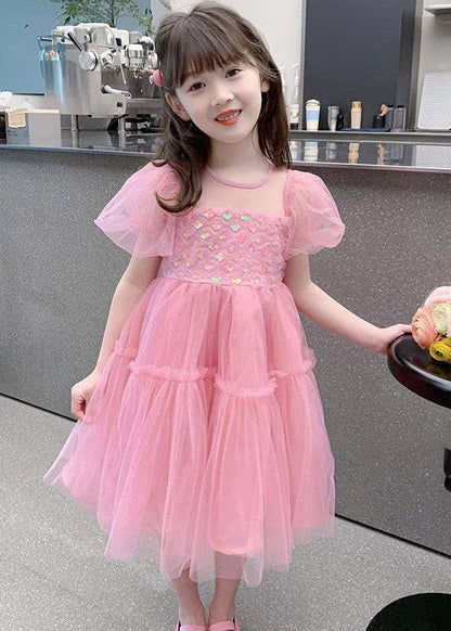 Lovely Pink Ruffled Patchwork Tulle Kids Maxi Dress Summer
