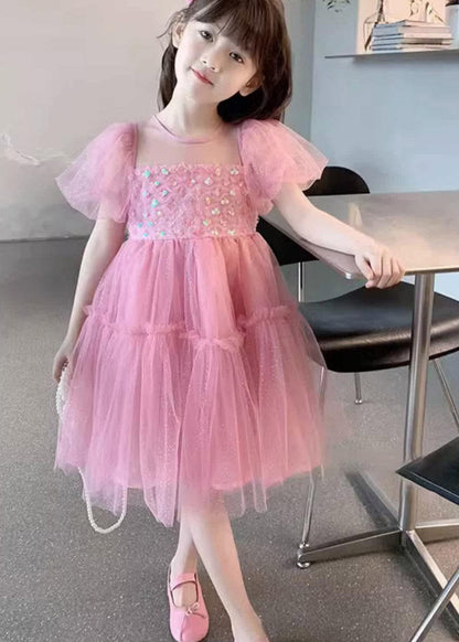 Lovely Pink Ruffled Patchwork Tulle Kids Maxi Dress Summer