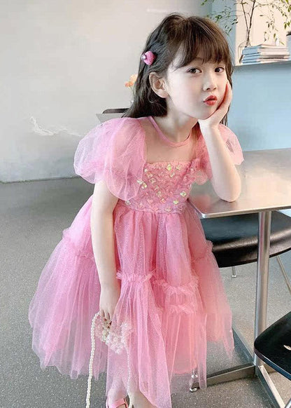 Lovely Pink Ruffled Patchwork Tulle Kids Maxi Dress Summer