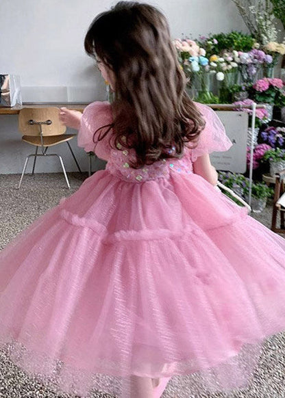 Lovely Pink Ruffled Patchwork Tulle Kids Maxi Dress Summer