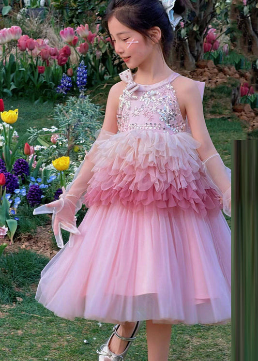 Lovely Pink Sequins Bow Tulle Baby Kids Long Dress Sleeveless