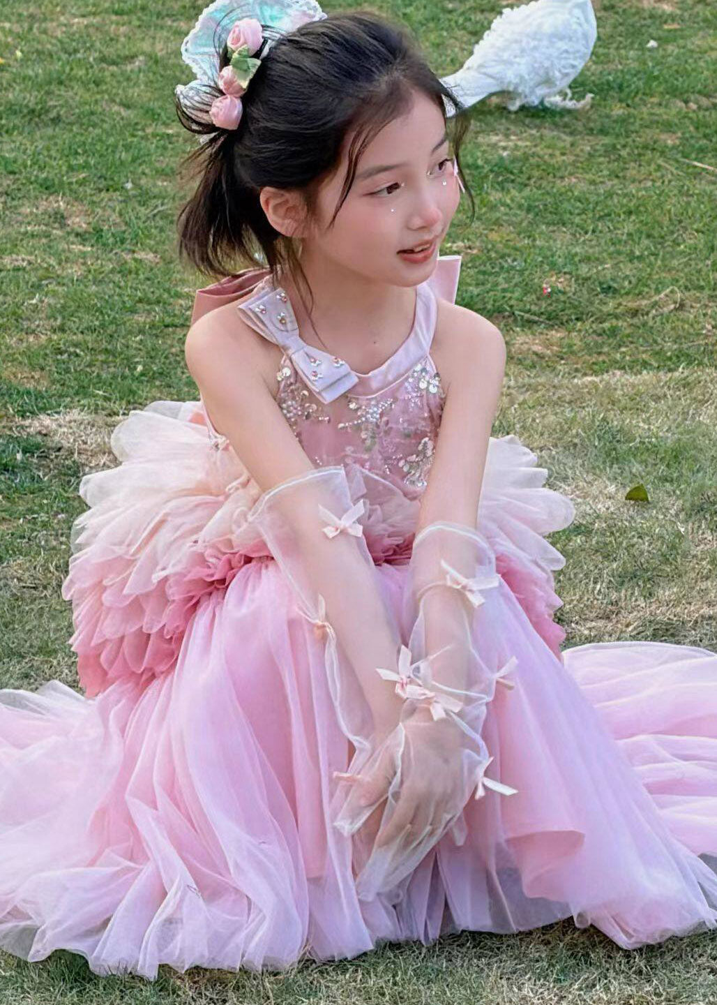 Lovely Pink Sequins Bow Tulle Baby Kids Long Dress Sleeveless