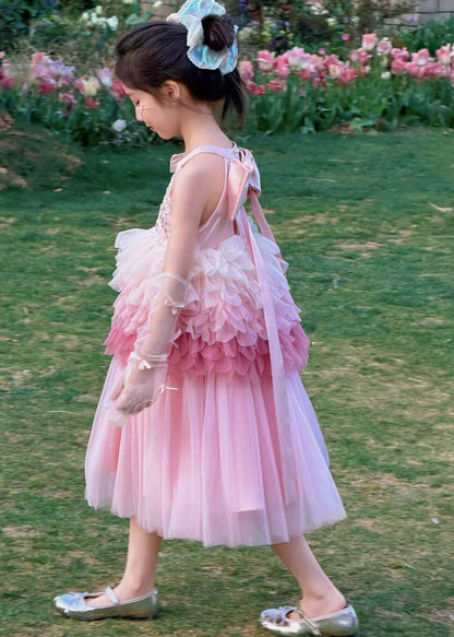 Lovely Pink Sequins Bow Tulle Baby Kids Long Dress Sleeveless