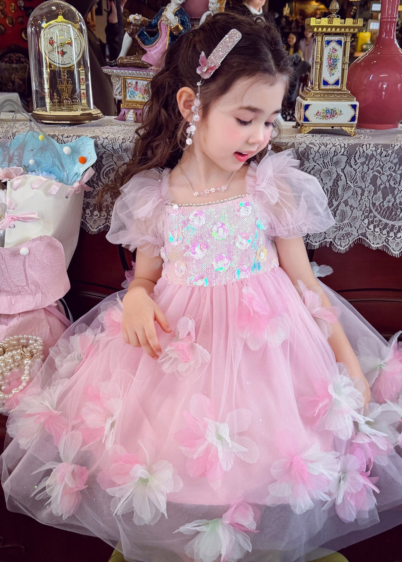 Lovely Pink Square Collar Floral Tulle Kids Maxi Dress Summer