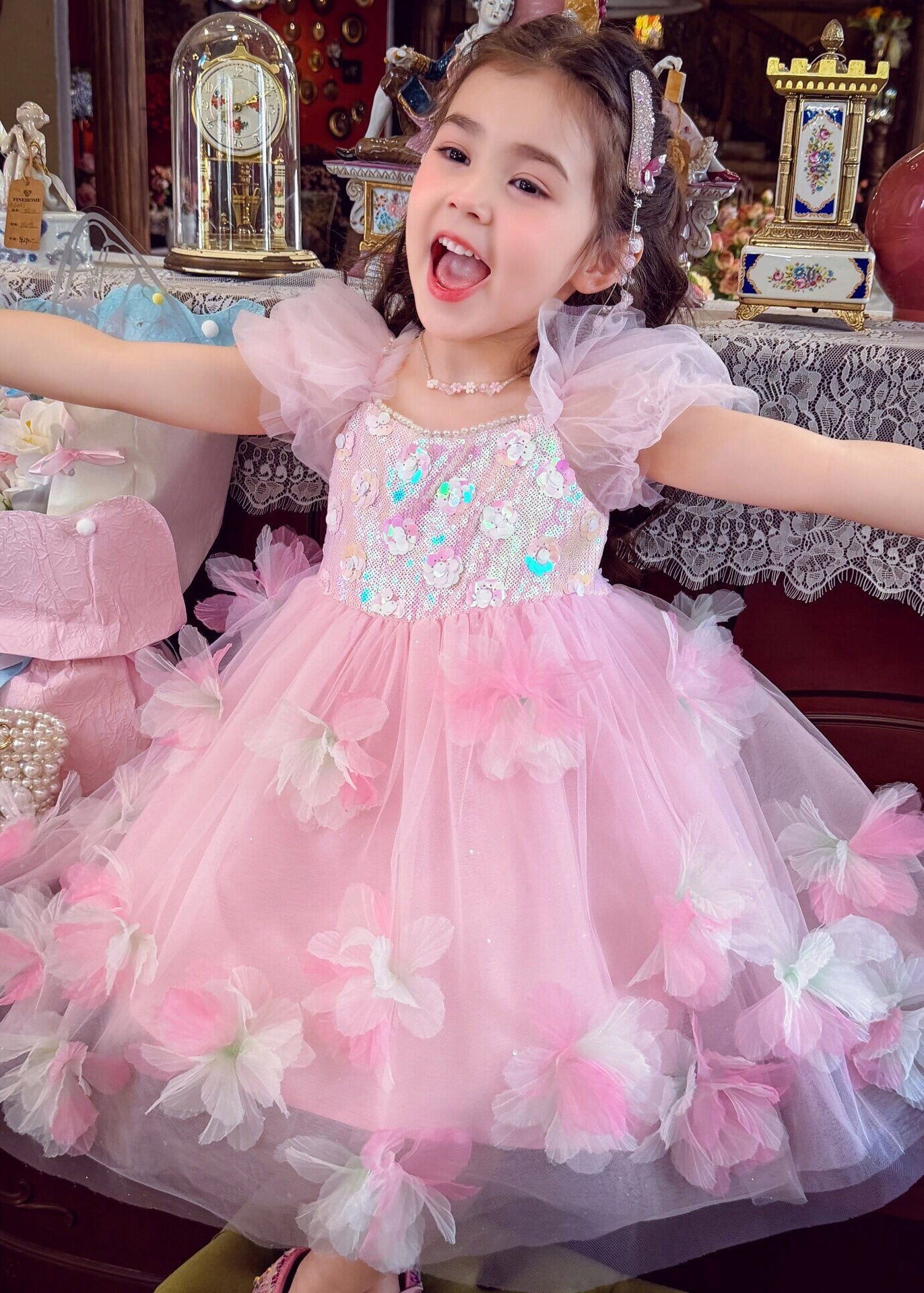 Lovely Pink Square Collar Floral Tulle Kids Maxi Dress Summer