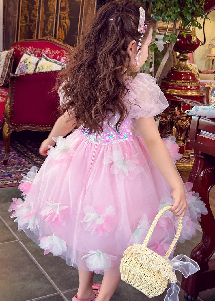 Lovely Pink Square Collar Floral Tulle Kids Maxi Dress Summer