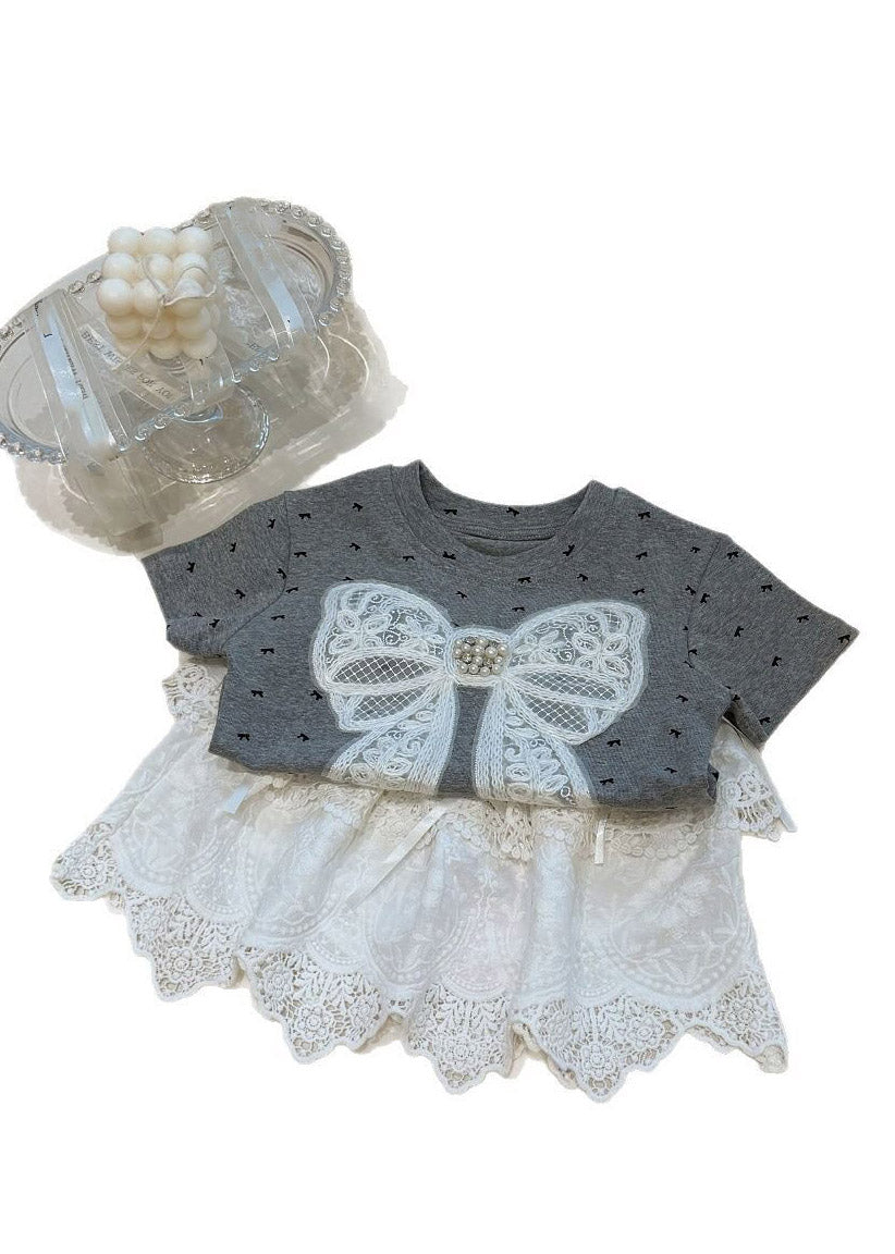 Lovely Print Kids Top And Skirts Two Piece Set Short Sleeve