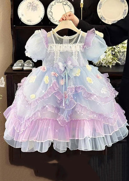 Lovely Purple V Neck Floral Tulle Girls Maxi Dress Short Sleeve