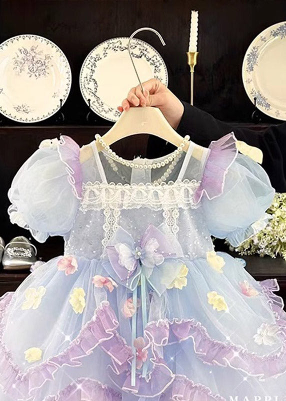 Lovely Purple V Neck Floral Tulle Girls Maxi Dress Short Sleeve