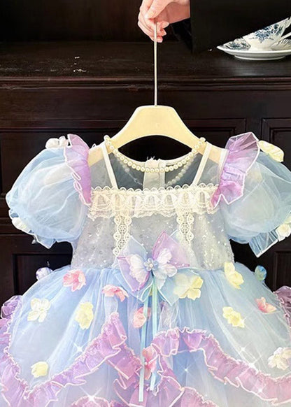 Lovely Purple V Neck Floral Tulle Girls Maxi Dress Short Sleeve