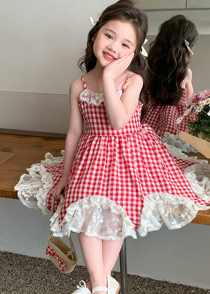 Lovely Red Plaid Patchwork Lace Kids Girls Spaghetti Strap Dress Summer