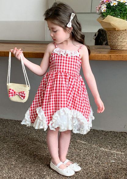 Lovely Red Plaid Patchwork Lace Kids Girls Spaghetti Strap Dress Summer