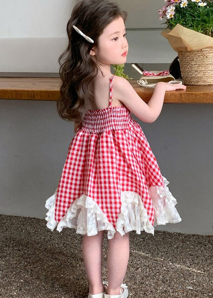 Lovely Red Plaid Patchwork Lace Kids Girls Spaghetti Strap Dress Summer