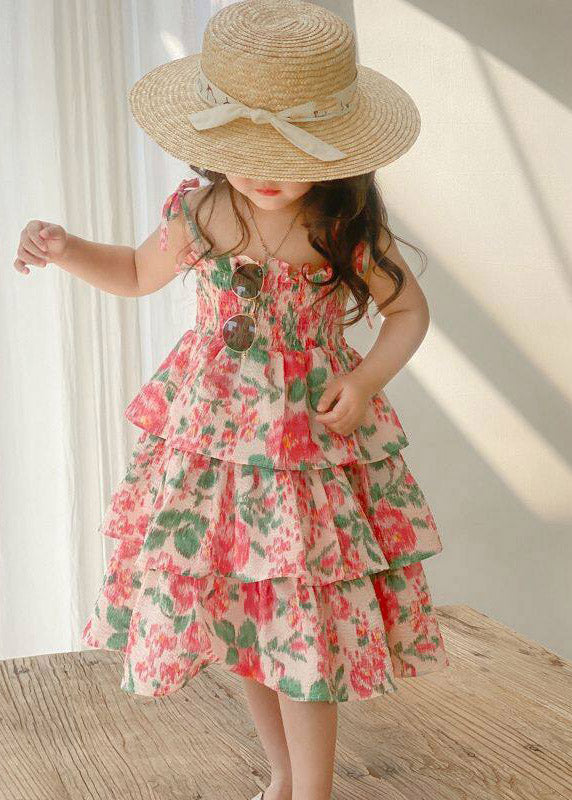 Lovely Square Collar Print Patchwork Girls Long Spaghetti Strap Dress Summer