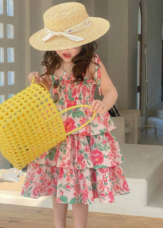 Lovely Square Collar Print Patchwork Girls Long Spaghetti Strap Dress Summer