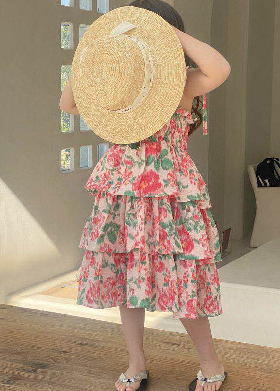 Lovely Square Collar Print Patchwork Girls Long Spaghetti Strap Dress Summer