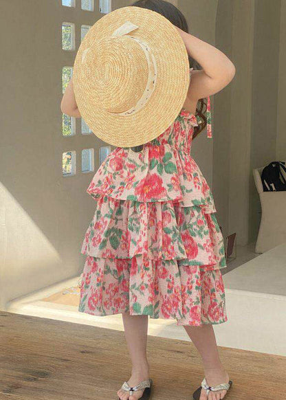 Lovely Square Collar Print Patchwork Girls Long Spaghetti Strap Dress Summer