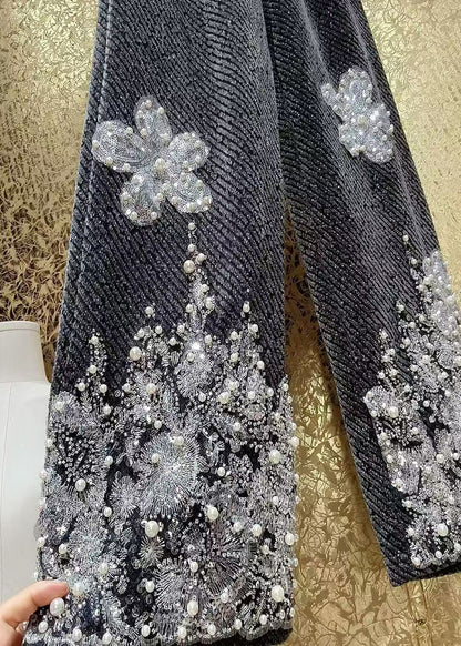 Luxury Sequin Flower Bead Embroidery Woolen Straight Leg Pants Winter