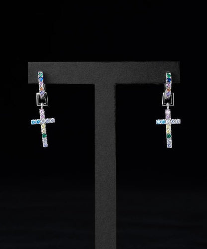 Men Rainbow Sterling Silver Zircon Cross Hoop Earrings