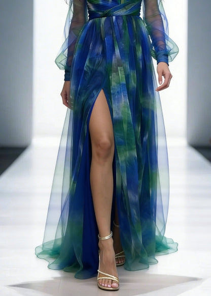 Mesh Tulle Floral Off Shoulder Pleated Slit Evening Maxi Dress