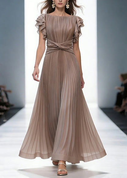 Mocha Elegant Queen Pleated Ruffle Sleeve Cross Waist Maxi Dress