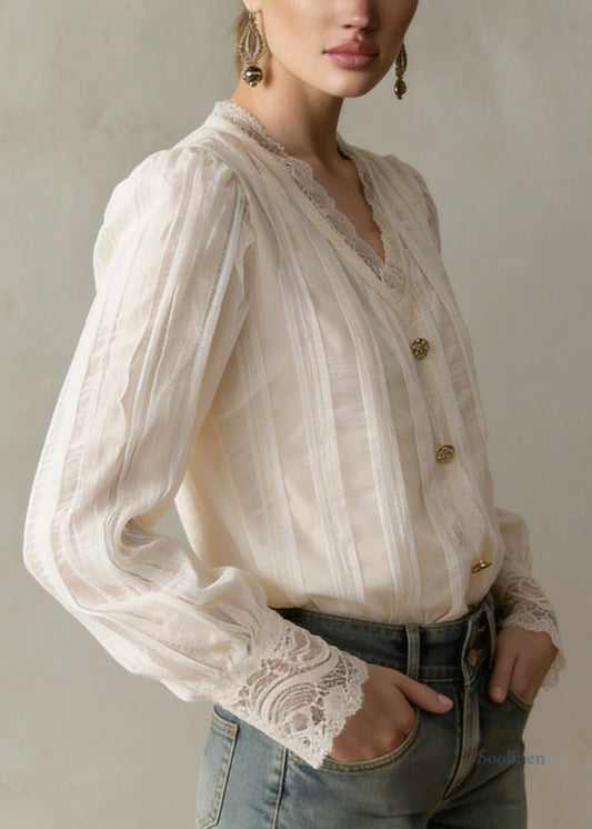 Modern Apricot V Neck Lace Patchwork Cotton Tops Spring