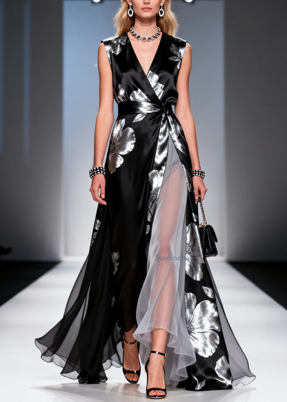 Modern Black V Neck Print Chiffon Maxi Dresses Summer