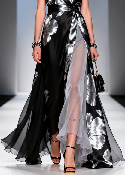 Modern Black V Neck Print Chiffon Maxi Dresses Summer