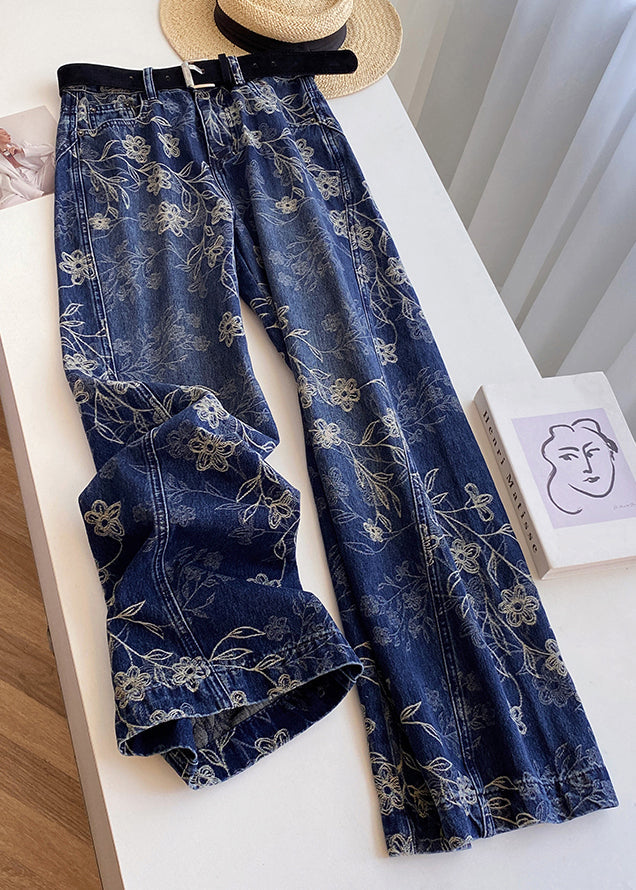 Modern Blue Embroidered Pockets High Waist Denim Pants Spring