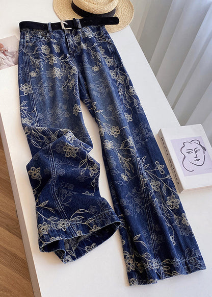 Modern Blue Embroidered Pockets High Waist Denim Pants Spring