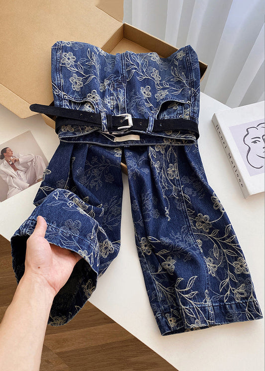 Modern Blue Embroidered Pockets High Waist Denim Pants Spring
