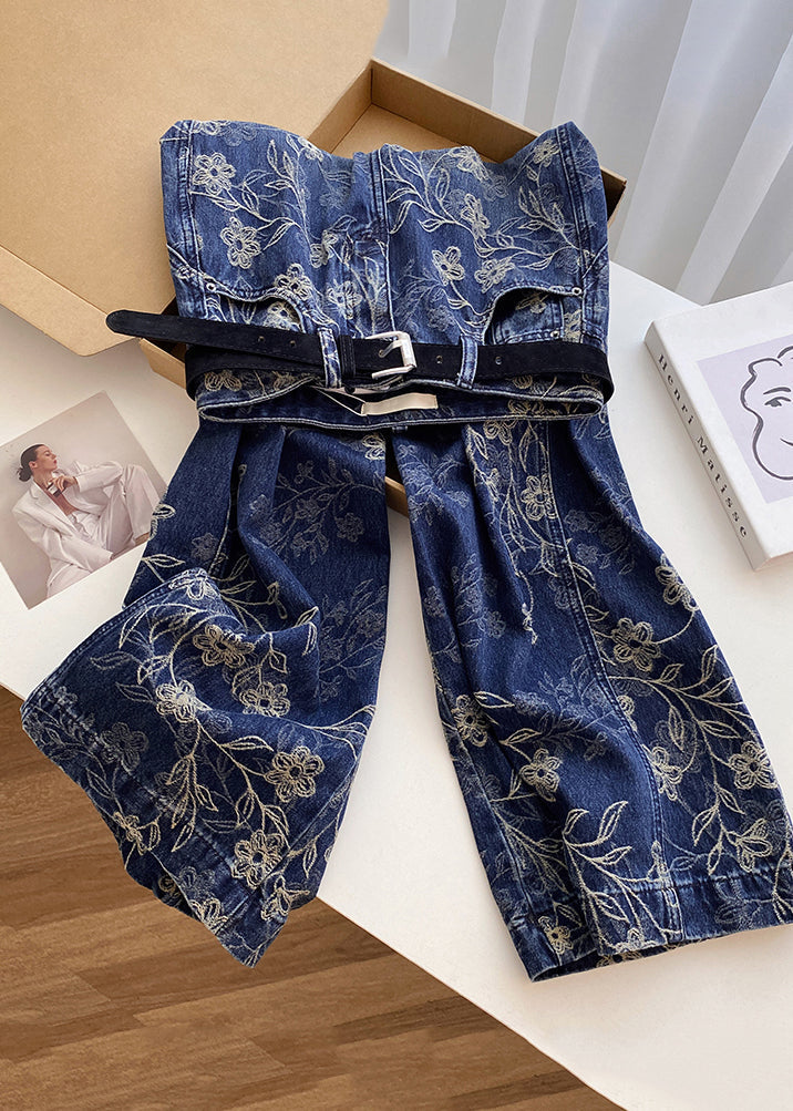 Modern Blue Embroidered Pockets High Waist Denim Pants Spring
