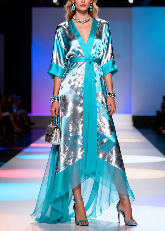 Modern Blue Jacquard Patchwork Exra Large Hem Silk Holiday Dress Summer