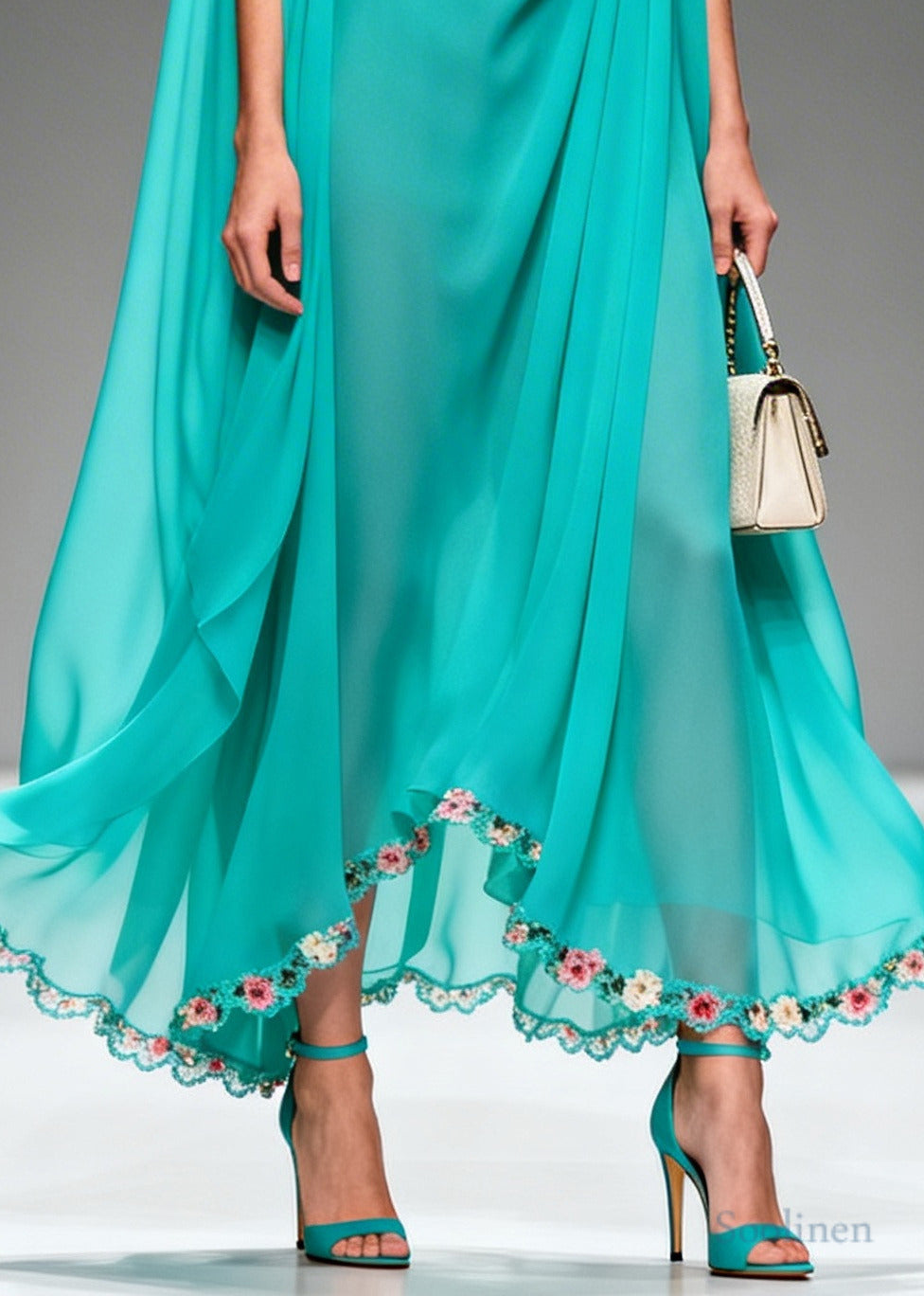 Modern Blue Oversized Wrinkled Flower Chiffon Long Dress Summer
