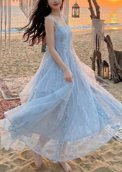 Modern Blue Patchwork Floral Butterfly Holiday Tulle Long Dress Summer