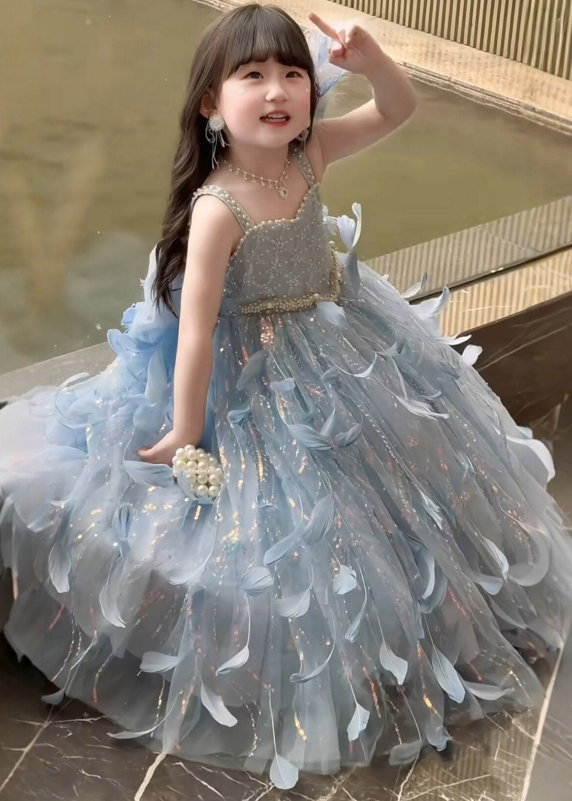 Modern Blue Pearl Patchwork Tulle Kids Maxi Spaghetti Strap Sleeveless