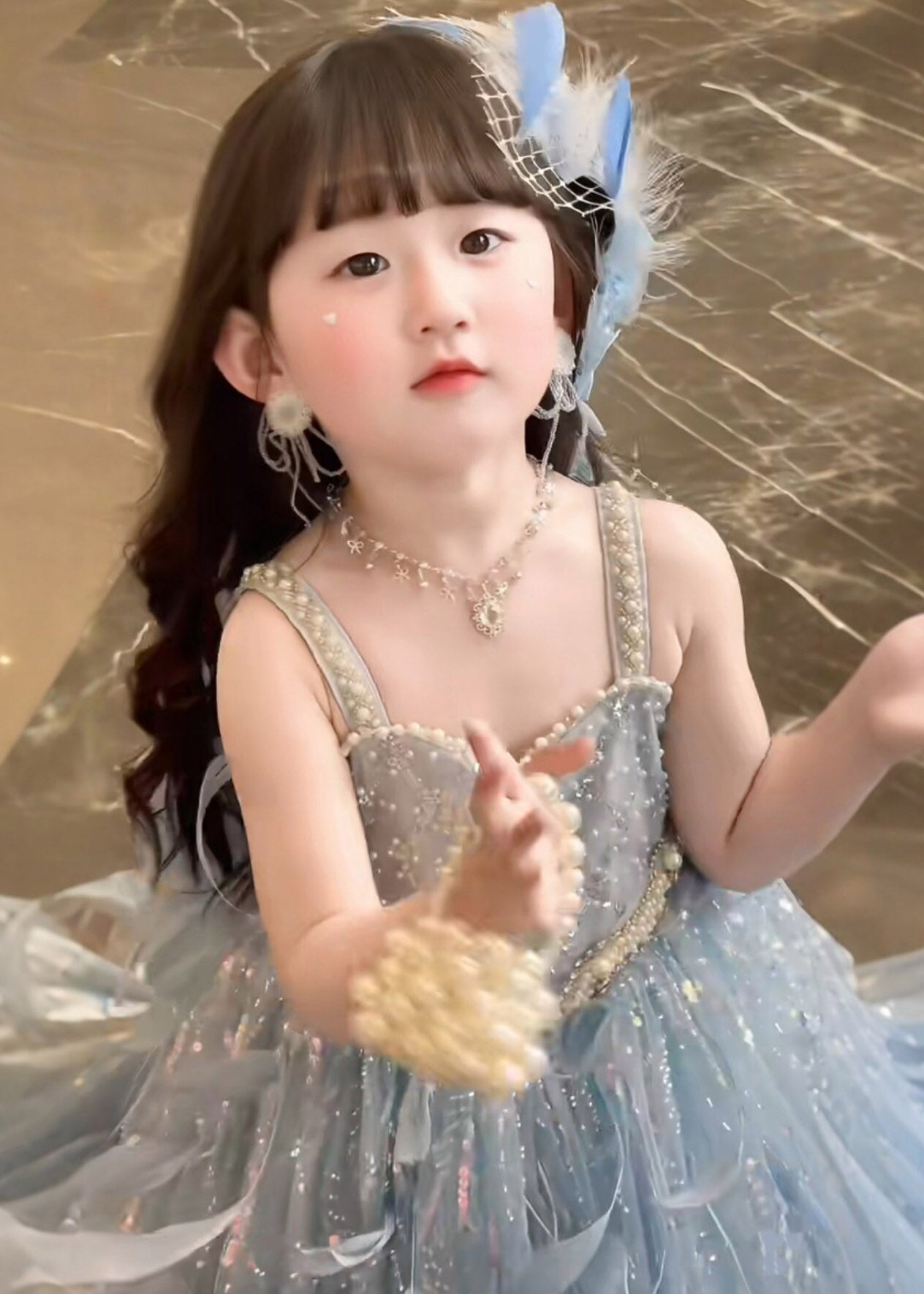 Modern Blue Pearl Patchwork Tulle Kids Maxi Spaghetti Strap Sleeveless